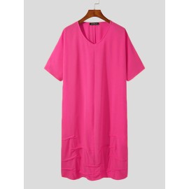 Mens V-neck Loose Short-sleeved Mid-length Dress Robe