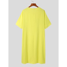 Mens V-neck Loose Short-sleeved Mid-length Dress Robe