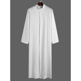 Men Stand Collar Button Long Sleeve Solid Long Robe T-shirts