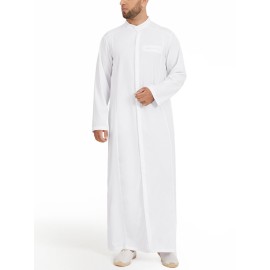 Men Stand Collar Button Long Sleeve Solid Long Robe T-shirts