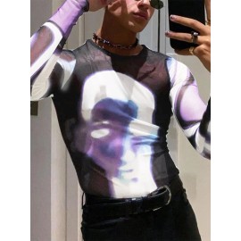 Men Sheer Mesh See Through Heat Map Body Print Stretch T-Shirt