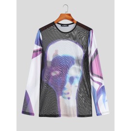 Men Sheer Mesh See Through Heat Map Body Print Stretch T-Shirt