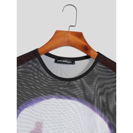 Men Sheer Mesh See Through Heat Map Body Print Stretch T-Shirt