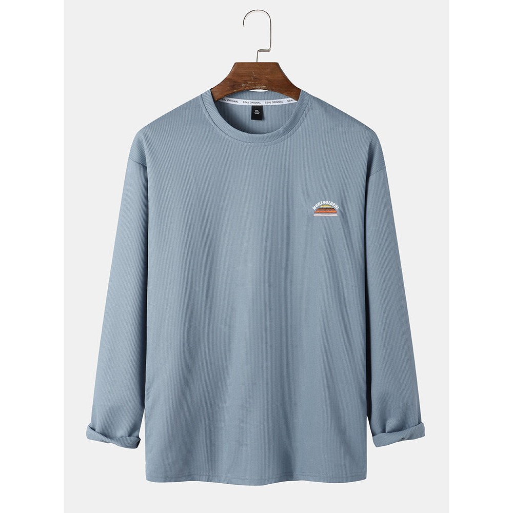 Men Cotton Solid Label Round Neck Long Sleeve Casual T-Shirts