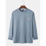 Men Cotton Solid Label Round Neck Long Sleeve Casual T-Shirts