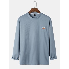 Men Cotton Solid Label Round Neck Long Sleeve Casu..