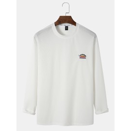 Men Cotton Solid Label Round Neck Long Sleeve Casual T-Shirts