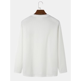 Men Cotton Solid Label Round Neck Long Sleeve Casual T-Shirts