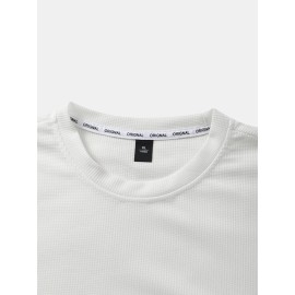 Men Cotton Solid Label Round Neck Long Sleeve Casual T-Shirts