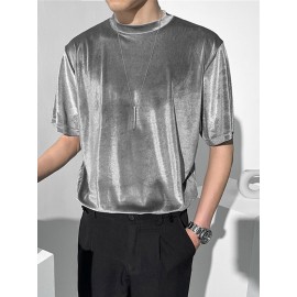 Men Velvet Round Neck Short Sleeve Loose Fit Trendy T-Shirt