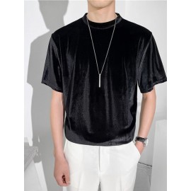 Men Velvet Round Neck Short Sleeve Loose Fit Trendy T-Shirt