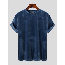 Men Velvet Round Neck Short Sleeve Loose Fit Trendy T-Shirt