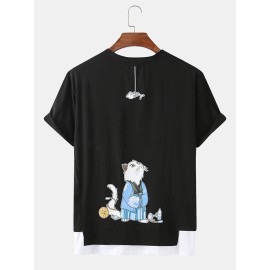 Cute Cartoon Cat Back Print Cotton Round Neck Shor..