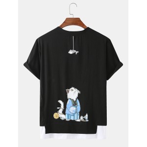 Cute Cartoon Cat Back Print Cotton Round Neck Short Sleeve Loose T-Shirts