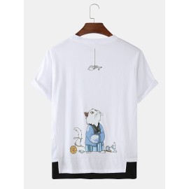 Cute Cartoon Cat Back Print Cotton Round Neck Short Sleeve Loose T-Shirts